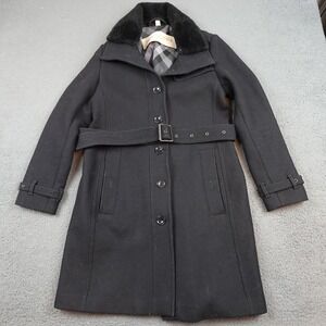 Burberry Brit Coat Womens 8 Black Wool Trench Belted Fur Collar Lined Warm